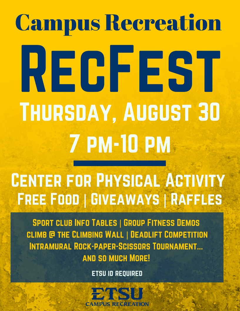 We have a new Welcome Week event making it's debut tomorrow--join us for RecFest throughout the CPA from 7 pm-10 pm. Participate in our deadlift competition, or the intramural rock, paper, scissors tourney... Plus there will be free food and giveaways. Hope to see you there!