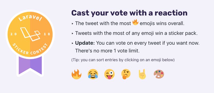 calebporzio's tweet image. Ok, this just in: the #laravelstickercontest2018 voting UX was 💩. Too much stress/pressure.

Go check out the updated site and see if it feels like a better voting experience now.

Get voting peepal - only 2.5 days left 😱

laravelstickercontest.com/vote#/