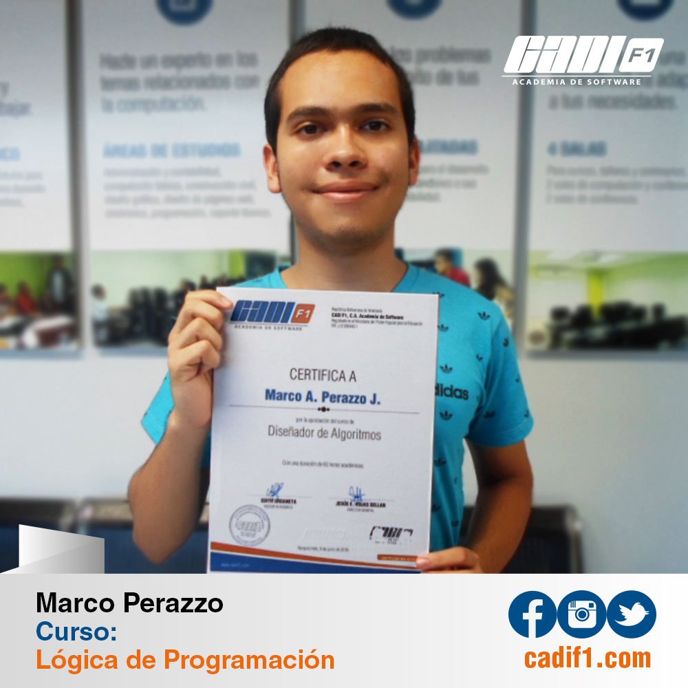 CADIF1's tweet image. ¡Felicitamos a Marco Perazzo! quien culminó y aprobó satisfactoriamente el curso: Lógica de Programación 👏👏👏 ¡Éxitos!
#CADIF1 #LógicaDeProgramación #YoProgramoConCADIF1