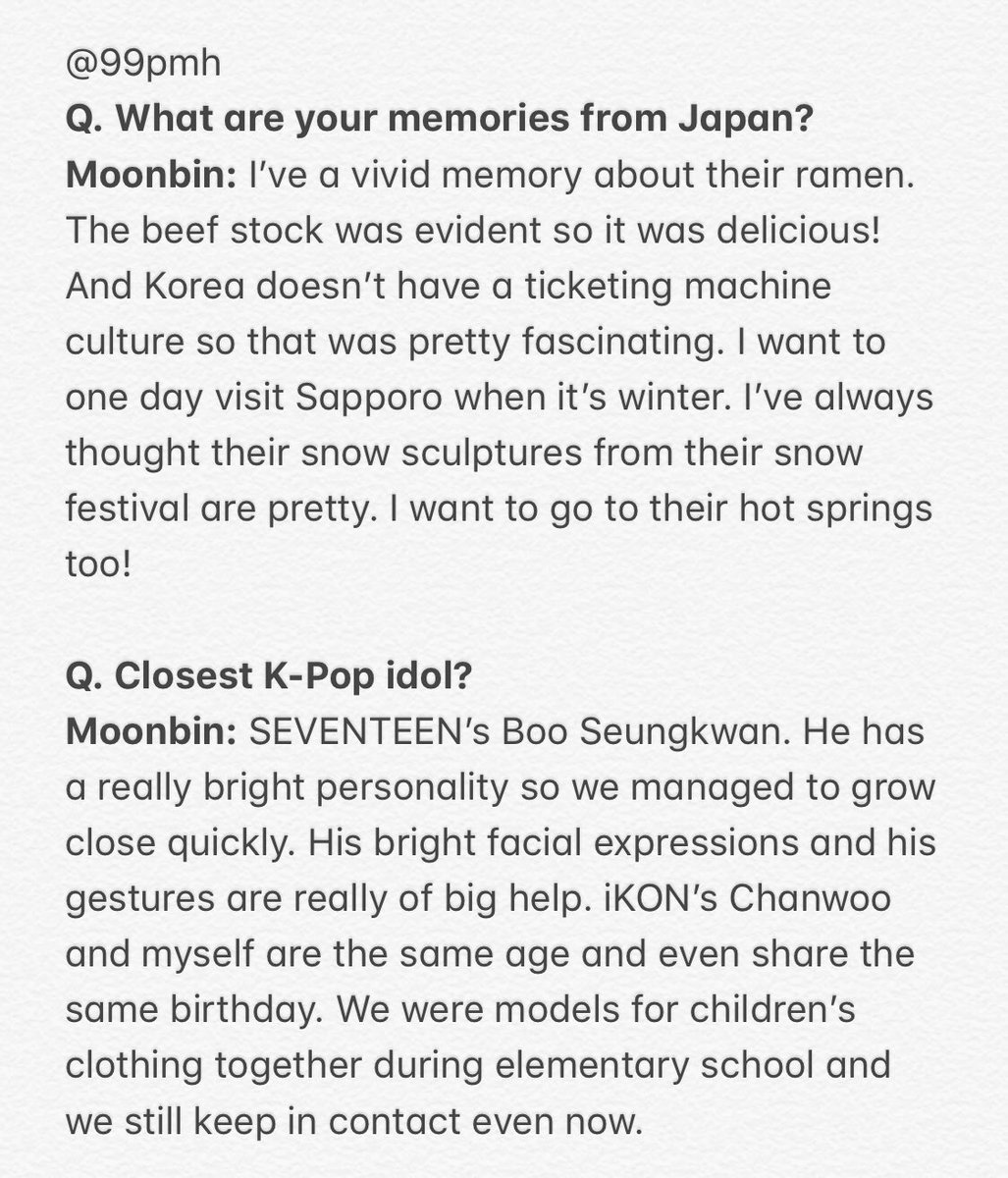 astro interview for anan. moonbin (of course) mentioned seungkwan in his “closest kpop idol” answer. ꒰  #문빈  #승관  #세븐틴  #아스트로 ꒱translation by 99pmh https://twitter.com/99pmh/status/1034787878667079681?s=21