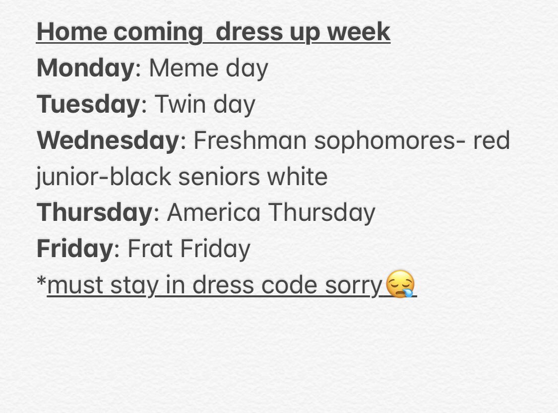 cameybrookeg's tweet photo. Hoco dress up week since motley doesn’t want to have one. (unfortunately we have to stay in dress code) https://t.co/4hFwSOsqdF