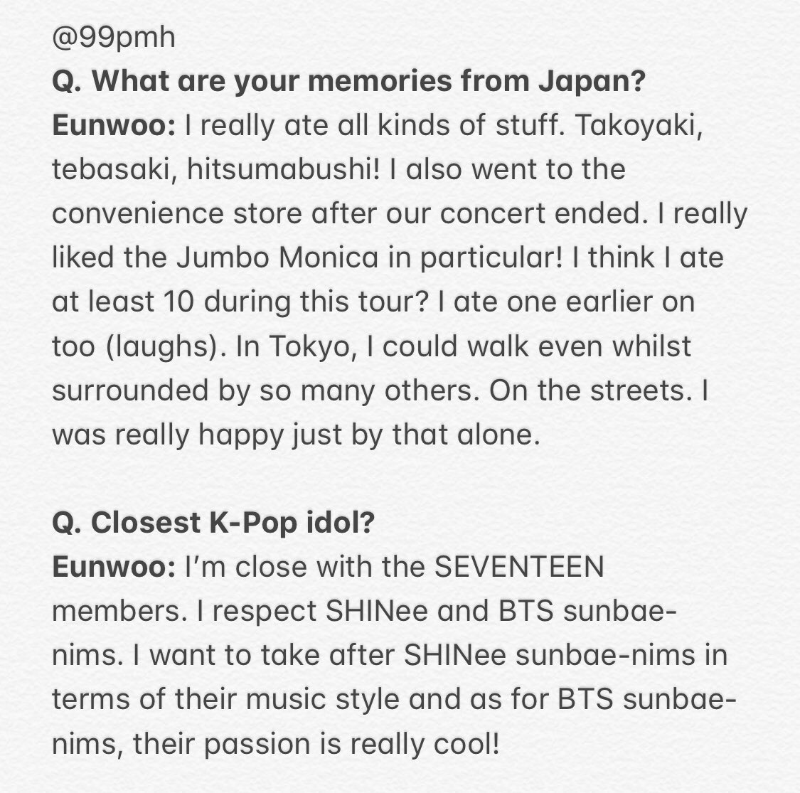 astro interview for anan. jinwoo mentioned he goes drinking with soonyoung, and dongmin mentioned being close with seventeen in general. asvtro ♡ ꒰   #진진   #호시   #은우   #차은우   #세븐틴   #아스트로 ꒱translation by 99pmh https://twitter.com/99pmh/sta... href=
