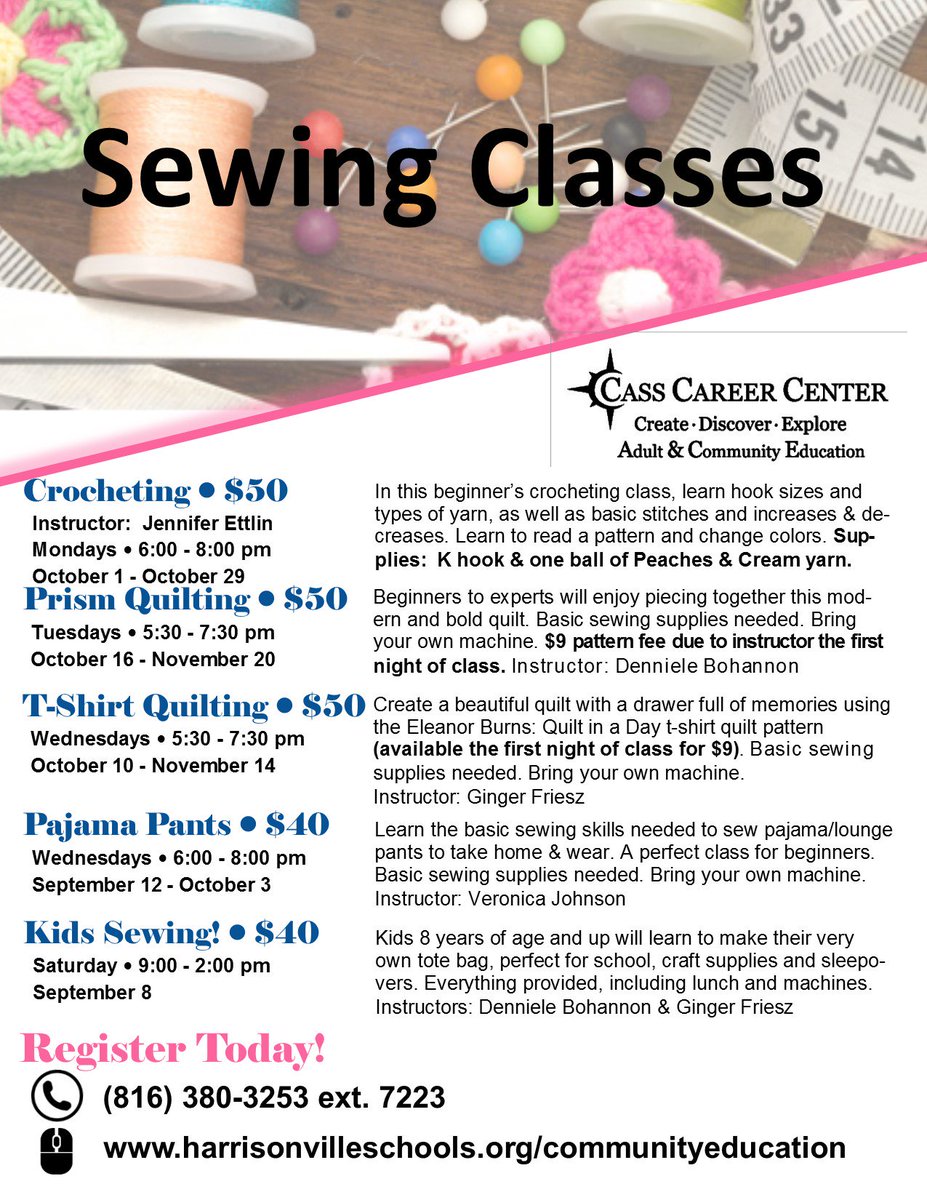 CCCCommunityEd's tweet image. We have a fun lineup of sewing classes to choose from this fall! Join us if you love to sew, love being creative, and love having fun!