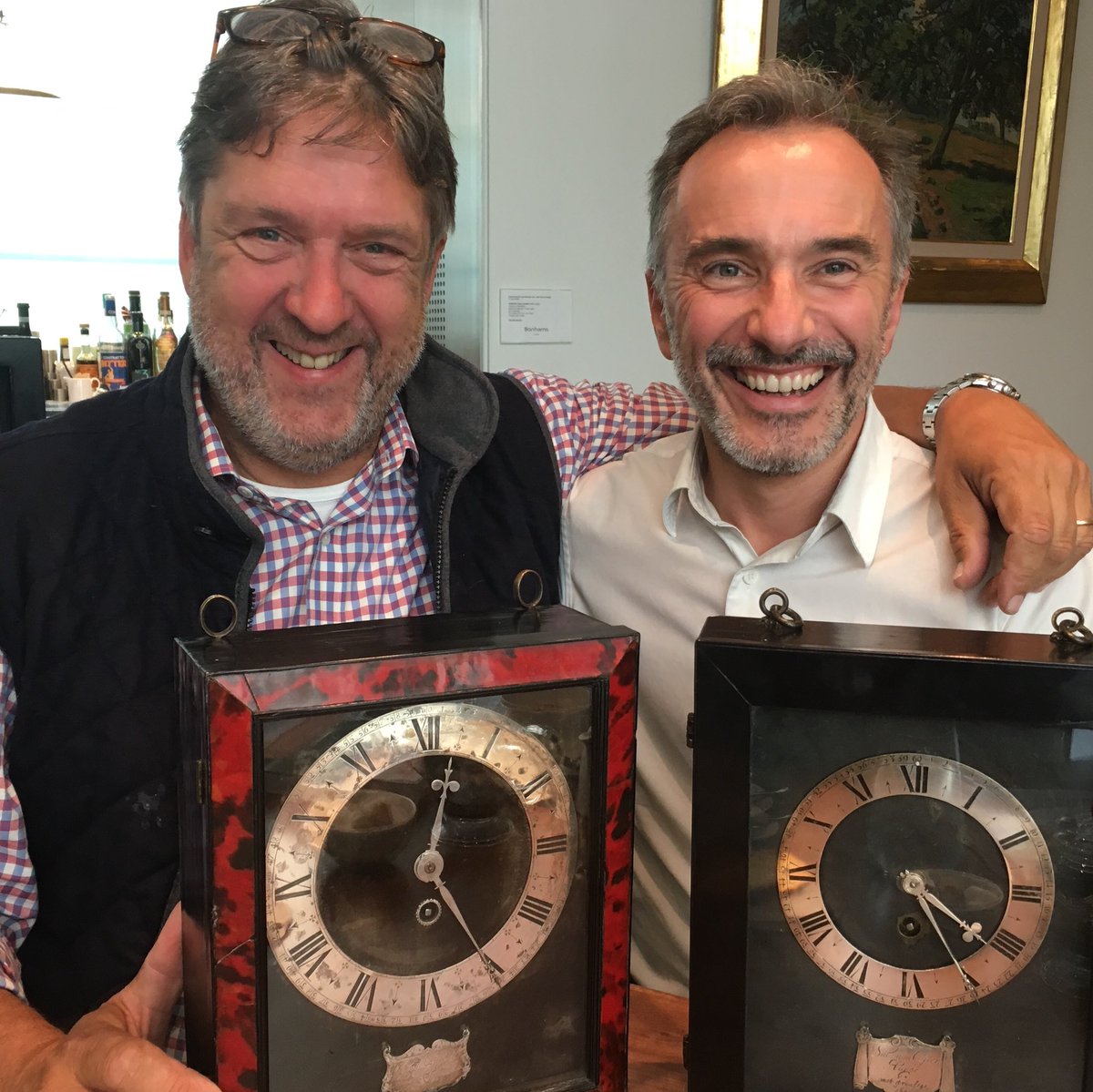 JamesStratton_'s tweet photo. What a lovely pair. Taking receipt of the first two exhibits for the #clockexhibition from Planetarium Zuylenburgh. Salomon Coster 1657, Claude Pascal 1658. #bonhams #clock https://t.co/LDvunUG7Ad