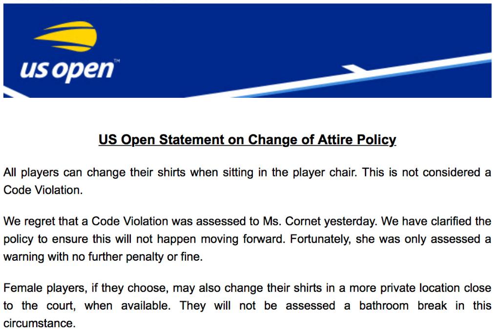 usopen's tweet photo. US Open Statement on Change of Attire Policy https://t.co/Kt7EcuPz1S
