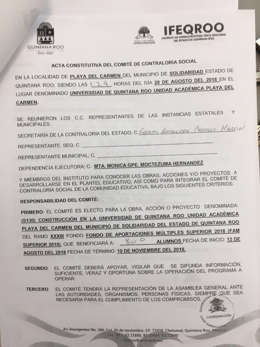Conformación del comité de contraloría social para la continuación de la construcción de la biblioteca de la Unidad Playa del Carmen con recurso FAM 2018 #UQRoo #UQRoo2018