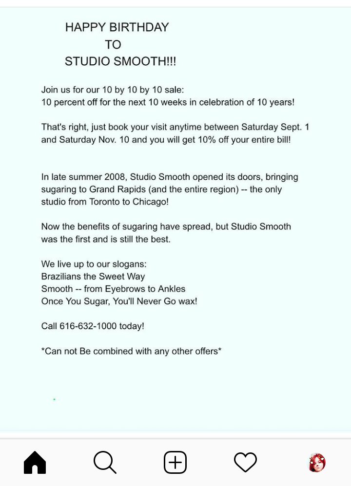 studiosmooth's tweet image. Join us for our anniversary sale! Book your appointment Online: app.salonrunner.com/customer/home/… 
or give us a call: (616) 632-1000
#sugaring #egr #studiosmooth