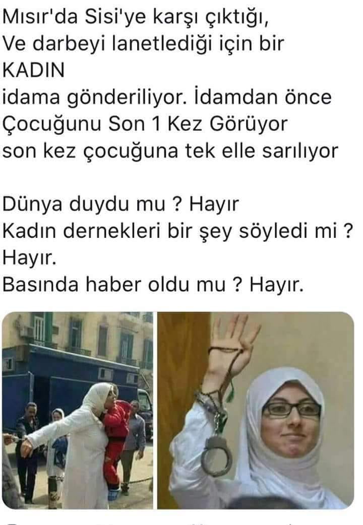 Cesaret Irkta değil İmanda!
“Ne Mutlu Müslümanım diyene!”

Sadece Feminizm Moda Şirki uğruna Aile Yuvalırının yıkılmasının tetikçisi Kadın Dernekleri Mısır’da Fravun Yönetiminin İdam ettiği Şehide Bacımız için hala niçin susuyorlar!