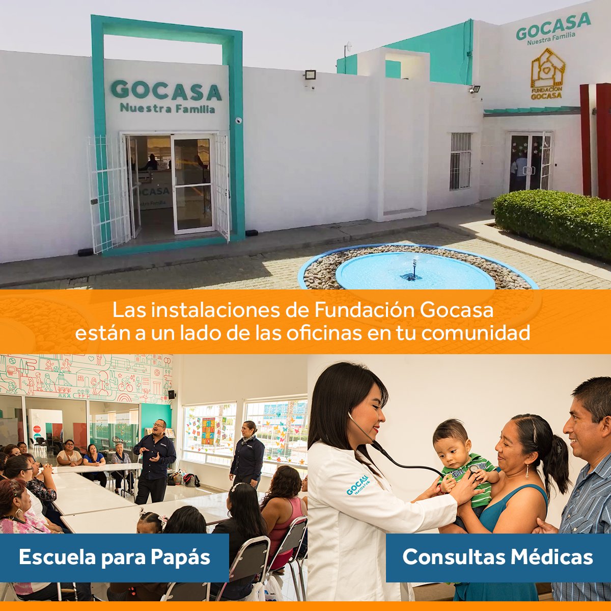 GOCASAMX's tweet photo. Dentro de la comunidad Gocasa, a un costado de las oficinas de venta, encontrarás las instalaciones de #fundacion Gocasa, a las cuales puedes acudir a una consulta médica, clases para toda la familia, eventos, orientación y pláticas muy útiles y necesarias para todos. 👨‍👩‍👧 https://t.co/OMQHyGmv34