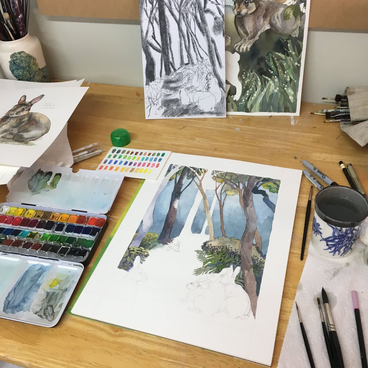 today on the work table... #workinprogress #watercolorart #watercolorillustration #woodlandillustration #watercolorart #rabbitillustration