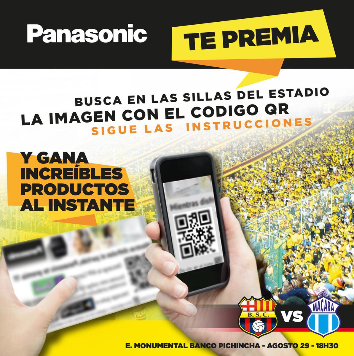 BarcelonaSC's tweet photo. Hinchas y Socios Barcelonistas que van a estar hoy en el estadio Monumental @BancoPichincha estén atentos al código QR en sus asientos, sigan las instrucciones y ganen  premios! https://t.co/QhBkG8le1V