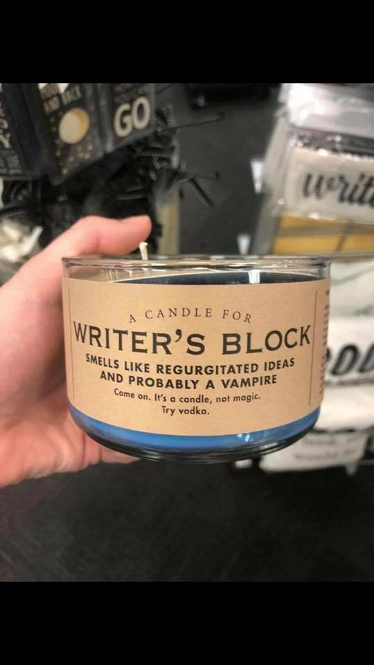 PikesPeakWrite's tweet photo. Via Books Rock My World. When you've exhausted all your other cures for #writersblock #candle #amwriting #amprocrastinating #GetOffTwitterAndWrite https://t.co/v65LysGBVd