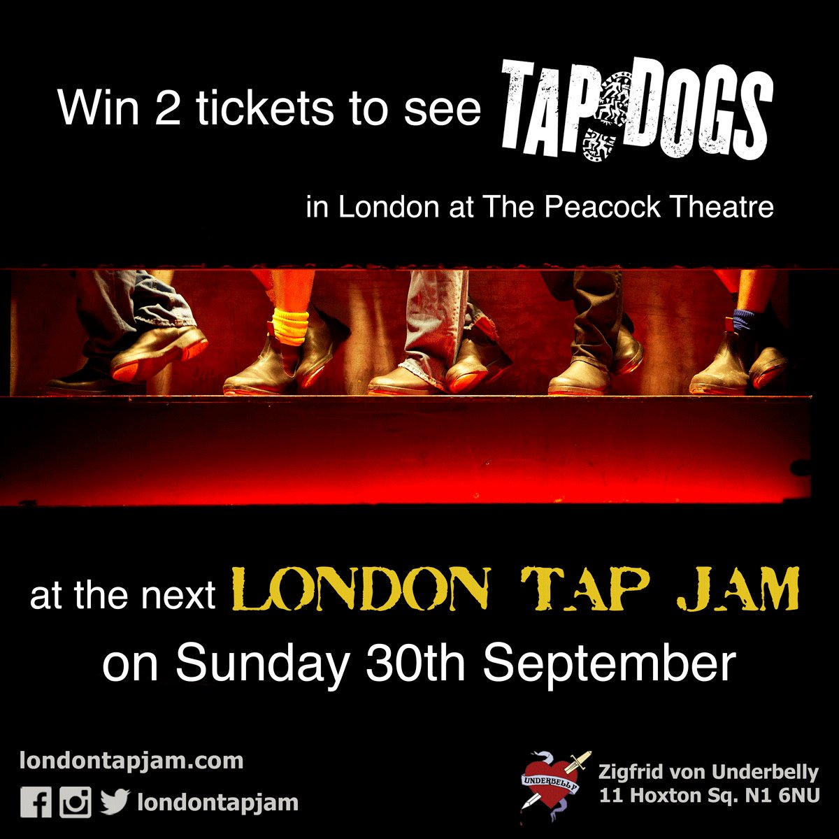 LondonTapJam's tweet image. You can win 2 tickets to @TapDogsofficial at The Peacock Theatre at the next @LondonTapJam @zigfridhoxton on Sun 30 Sept! Just enter our Instagram competition on the night. Tickets from londontapjam.com #Competition #tapdance #sundayfunday #shoreditch #London #improv