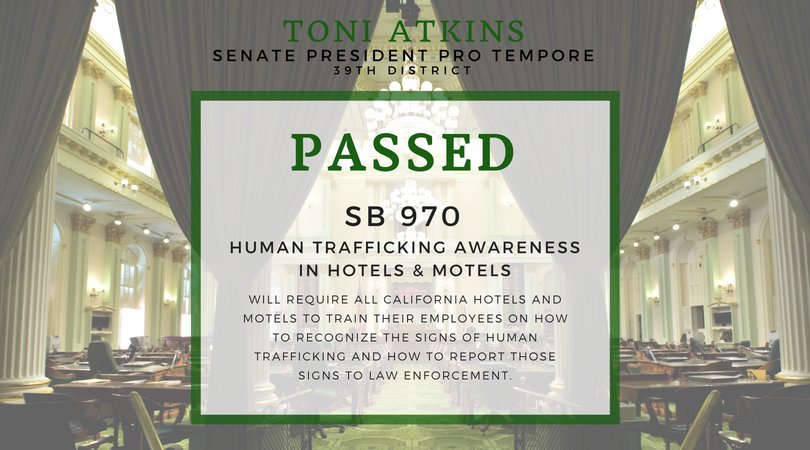 SenToniAtkins's tweet photo. Today, the Assembly passed my bill #SB970, which requires hotels and motels to train employees on spotting the signs of human trafficking! Grateful for the support of the hotel industry on this legislation! https://t.co/IOkRW3xPQj