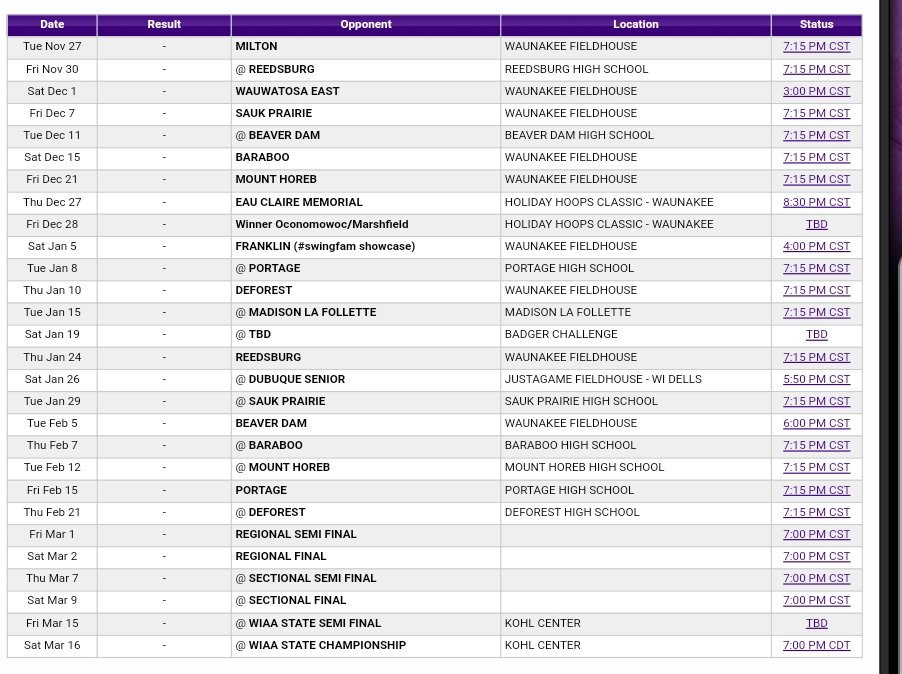 Waunakee has released its 2018-19 schedule.