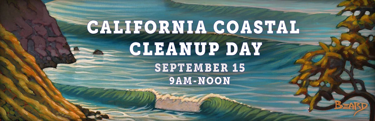 California Coastal Cleanup Day September 15 9am-noon, over image of bluffs and ocean waves