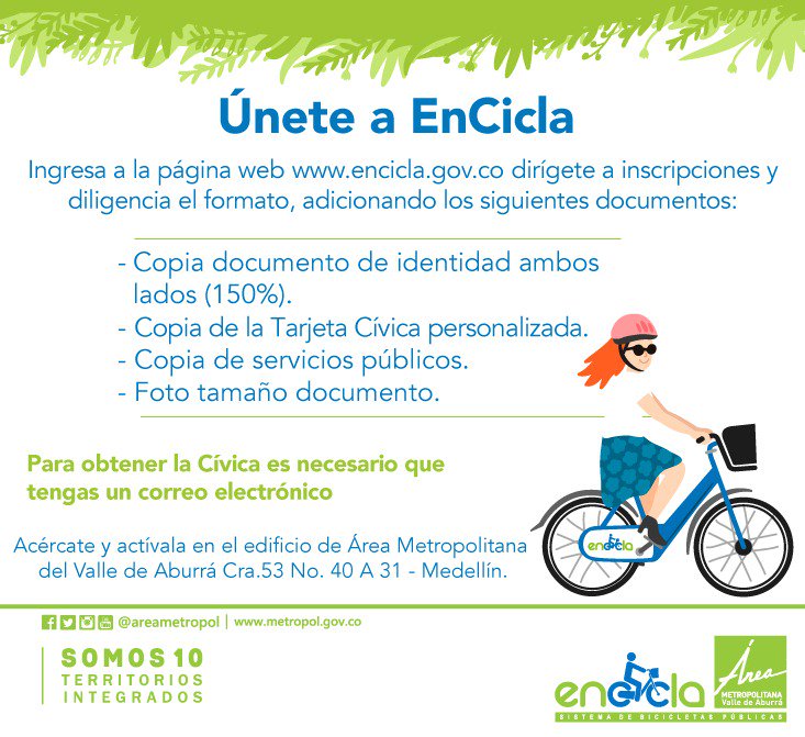 EnCicla's tweet photo. ¿Quieres ser parte de nuestro Sistema? 

Haz tu inscripción en la página https://t.co/lw9a7CdDHY y agéndate para que puedas activar tu Cívica hoy o mañana en el Pueblito Paisa. 

Estamos de 10:00 a.m. a 6:00 p.m. 

¡Únete a la #MovilidadActiva! https://t.co/16GNbyaWAl