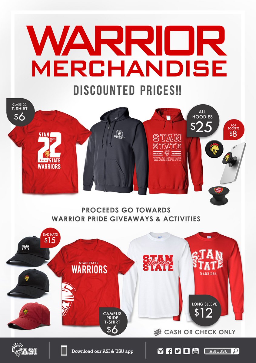 asisc_stanstate's tweet photo. Happy Wednesday, Warriors! Come check out the Clubs & Orgs Fair TODAY in the Quad from 10am-1pm! Get the scoop on what ASI & USU is all about!ALSO, by popular demand our discounted Warrior Merch Shop is back today in the Quad! #GetTheScoop #ShopWarriorMerch #CashOrCheckOnly https://t.co/p5WewI2IYZ
