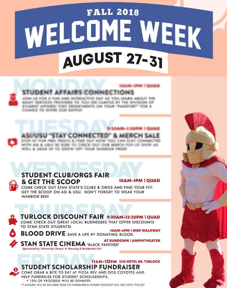 asisc_stanstate's tweet photo. Happy Wednesday, Warriors! Come check out the Clubs & Orgs Fair TODAY in the Quad from 10am-1pm! Get the scoop on what ASI & USU is all about!ALSO, by popular demand our discounted Warrior Merch Shop is back today in the Quad! #GetTheScoop #ShopWarriorMerch #CashOrCheckOnly https://t.co/p5WewI2IYZ