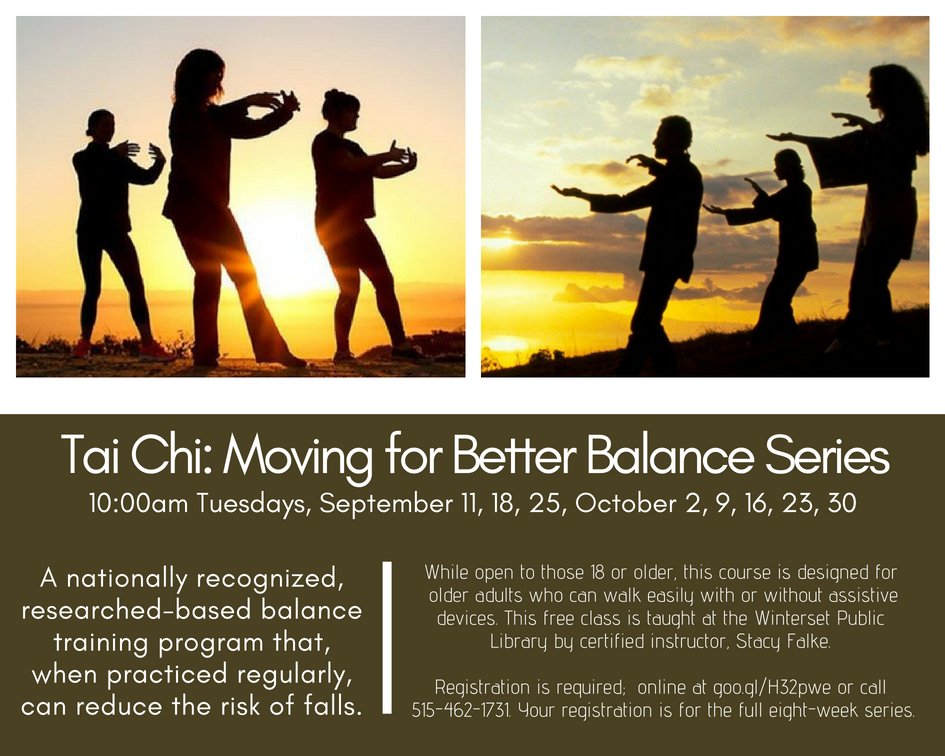 WintersetLib's tweet photo. 8-WEEK TAI CHI:MOVING FOR BETTER BALANCE SERIES
Registration is required;  online at https://t.co/I9Co35FgQi or call 515-462-1731. Your registration is for the full eight-week series. #taichi #yangstyletaichi #betterbalance #wellness https://t.co/s8ElTc55OK