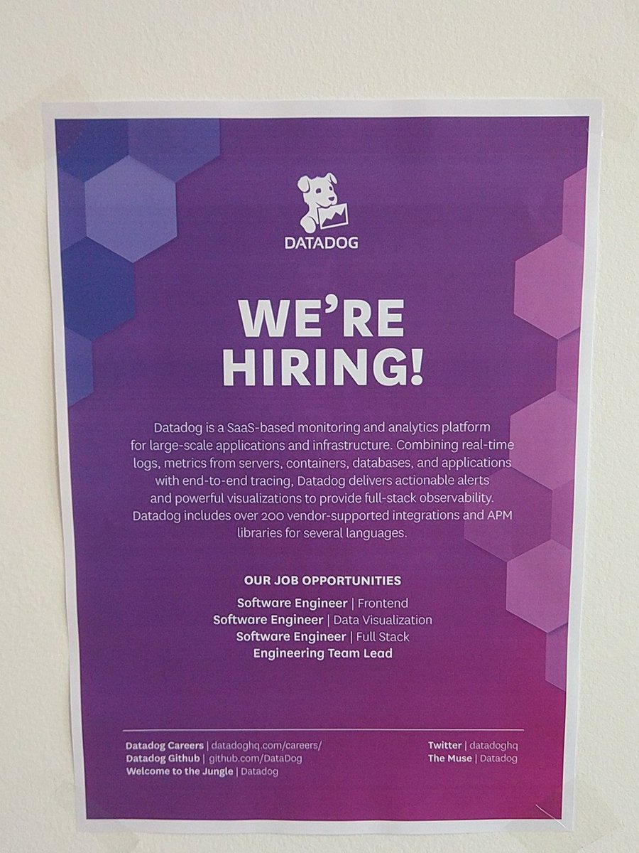 parisjs's tweet photo. Ce soir, nous sommes chez @datadoghq et oh ! Ils recrutent ! 😁 #parisjs76 https://t.co/FtyIVHrw4x