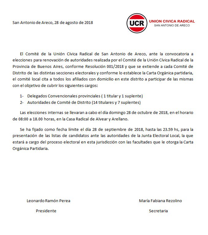 UCR_Areco's tweet photo. CONVOCATORIA A ELECCIONES INTERNAS PARA RENOVACIÓN DE AUTORIDADES🇵🇱

Ante la convocatoria a elecciones para renovación de autoridades realizada por la @UCRBuenosAires conforme Resolución 1/2018, #ElComité cita a todos los afiliados con domicilio en el distrito a participar 👇🏻 https://t.co/DyyTcIgsud