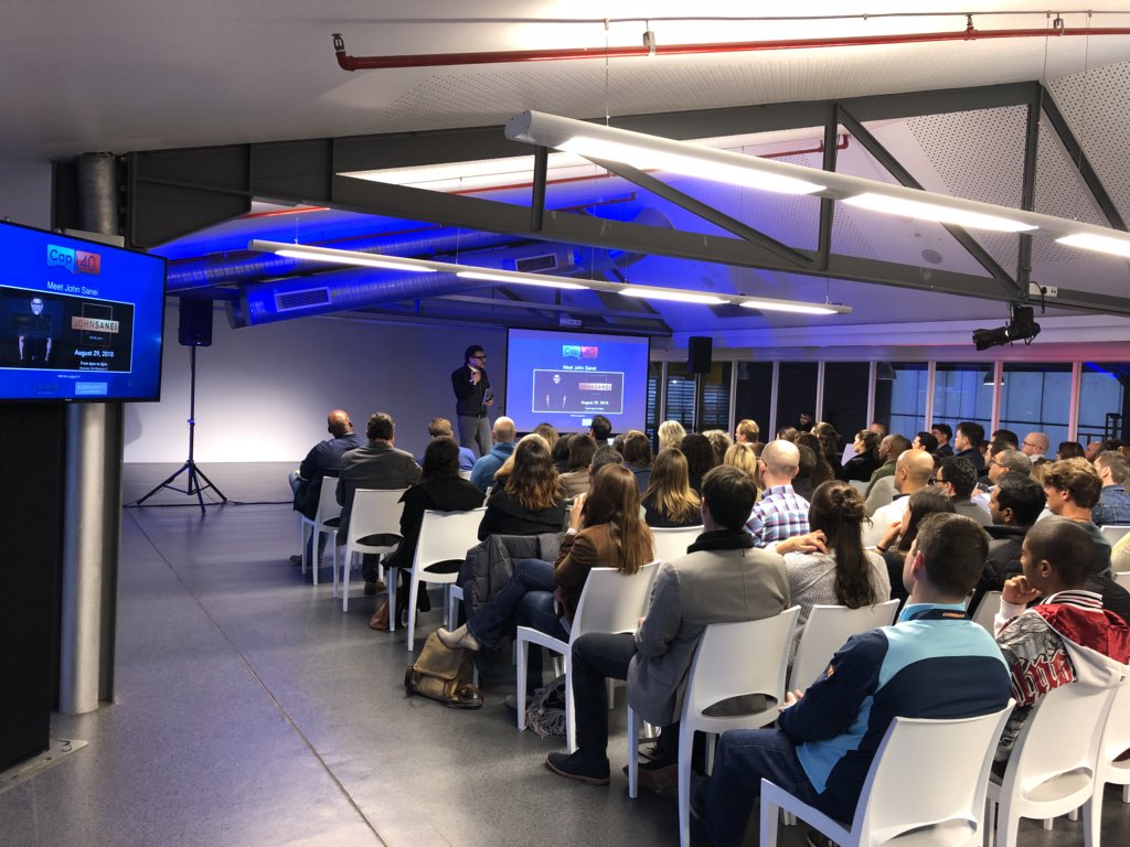 LeCap40's tweet photo. It’s a full house for the Cap40 event at @Workshop17za with the great @IamJohnSanei  Amazing insights from his new #magnetiize book! #whatsyourmoonshot @FranceCapeTown @AfricArena2018   @FrenchTech_CPT @capemaverick https://t.co/7X2Zv0rhFO