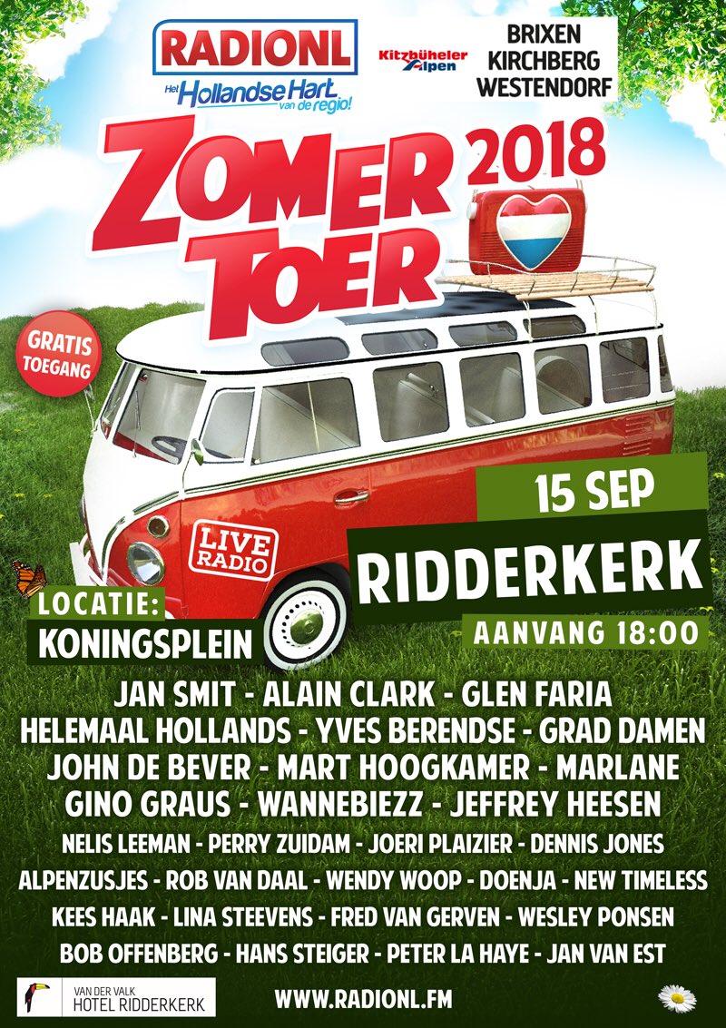 De <a href="/zomertoer/">Zomertoer</a> komt 15 september naar #Ridderkerk met optredens van oa. <a href="/JanSmit/">JAN SMIT</a> <a href="/AlainClark/">Alain Clark</a> <a href="/graddamen/">Grad Damen</a> <a href="/JohndeBever/">John de Bever</a> <a href="/JeffreyHeesen/">Jeffrey Heesen</a> eva