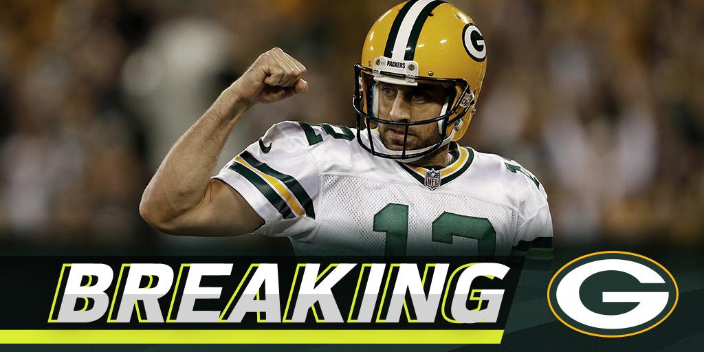 .<a href="/AaronRodgers12/">Aaron Rodgers</a>, <a href="/packers/">Green Bay Packers</a> agree to 4-year contract extenstion with over $100M in guarantees: on.nfl.com/lLiKEY (via <a href="/89JonesNTAF/">James Jones</a>)