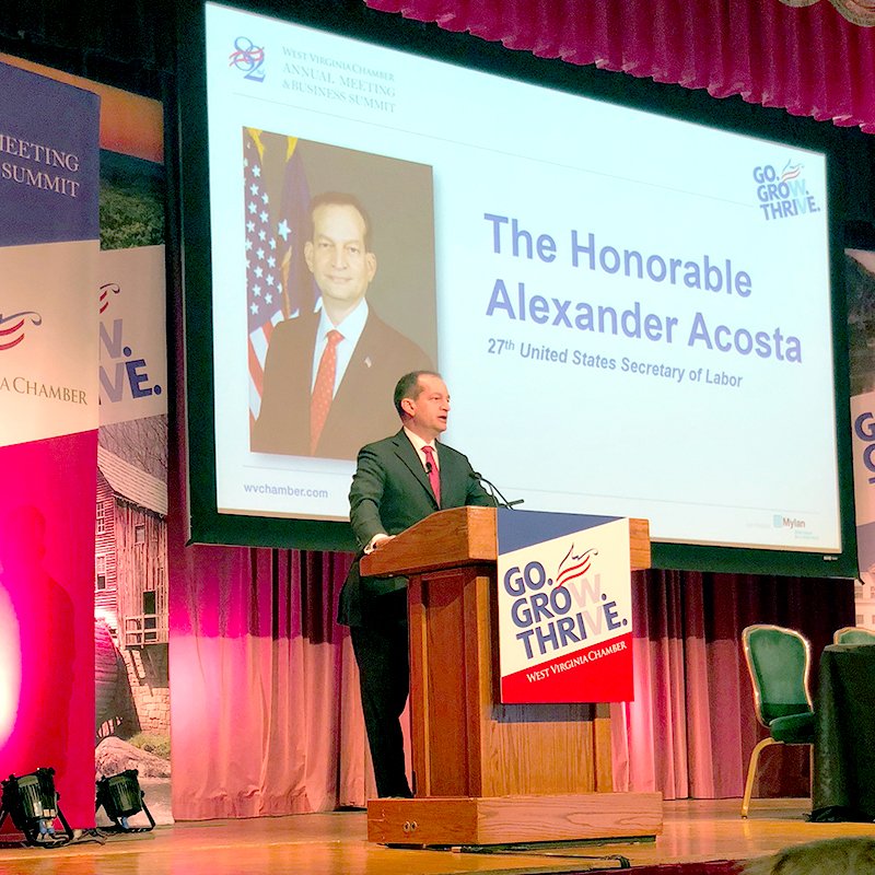 U.S. Secretary of Labor Alexander Acosta speaking at the West Virginia Chamber Annual Meeting & Business Summit.