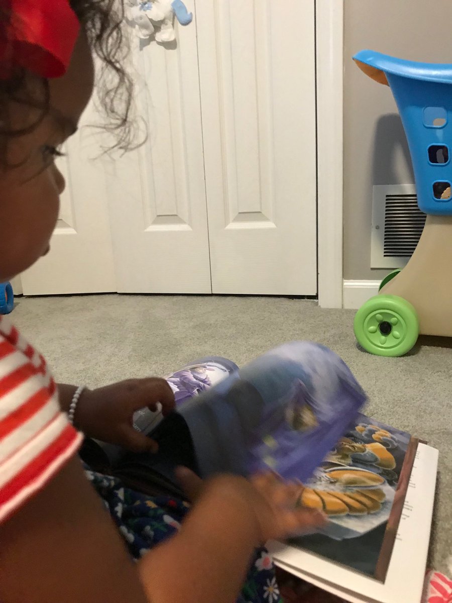 Rereading the same (choice) book is valuable. She’s starting to retell it on her own: “Help! Help!” “Get out.”