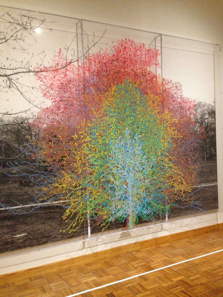 RyanKolakowski's tweet photo. The messages behind the artwork can be difficult to understand. The colored tiles in Charles Gaines' "Central Park Series I, Tree #9" are all numbered, but even Costa is unsure of the numbers' significance. #SolidaryandSolitary #Soliday2018 @snitemuseum @ND_JED https://t.co/QhYuxMTByy