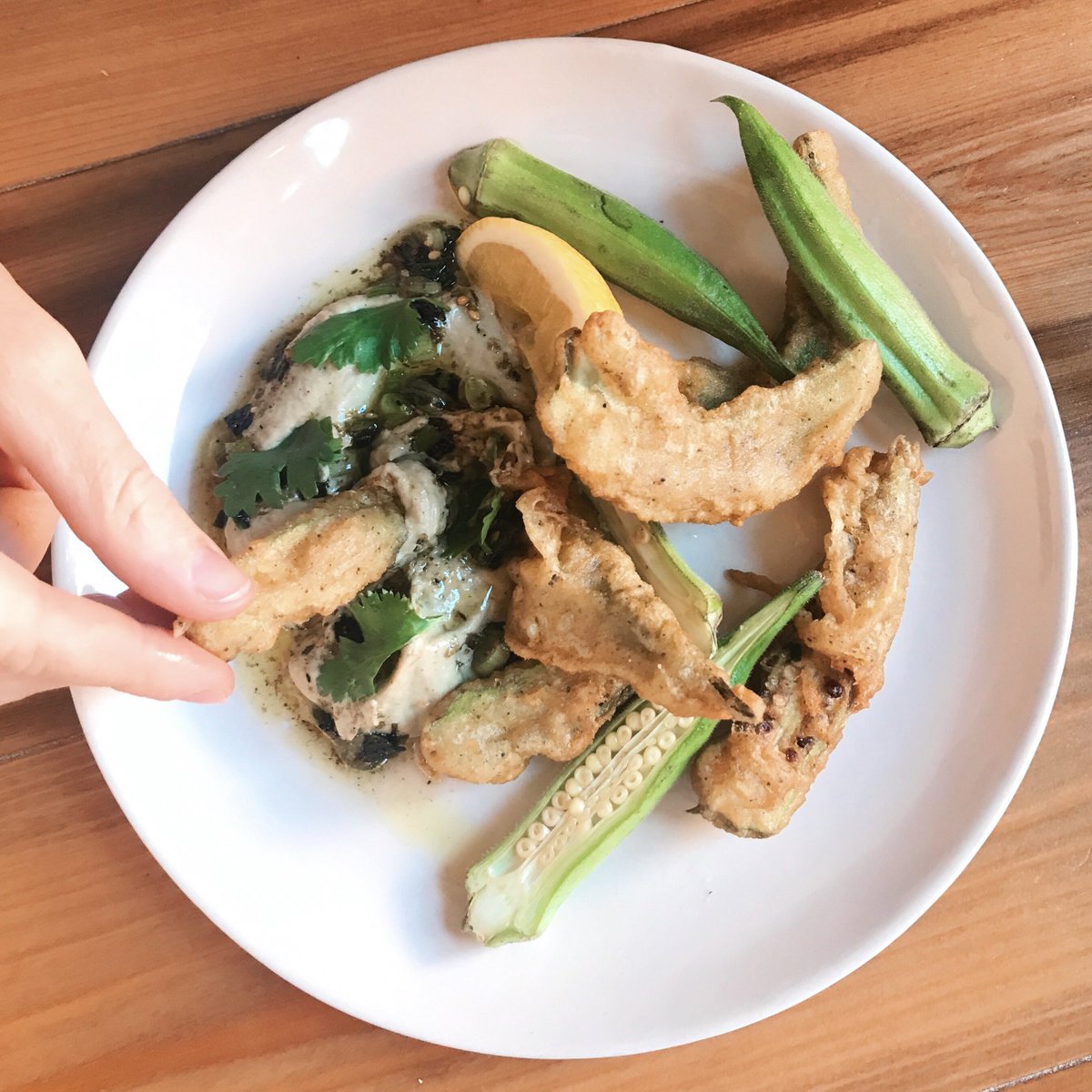 NEW at lunch at dinner... Roasted Eggplant Dip with Local Fried Okra! Um, yum, right?! #basickitchen #charlestoneats #chseats