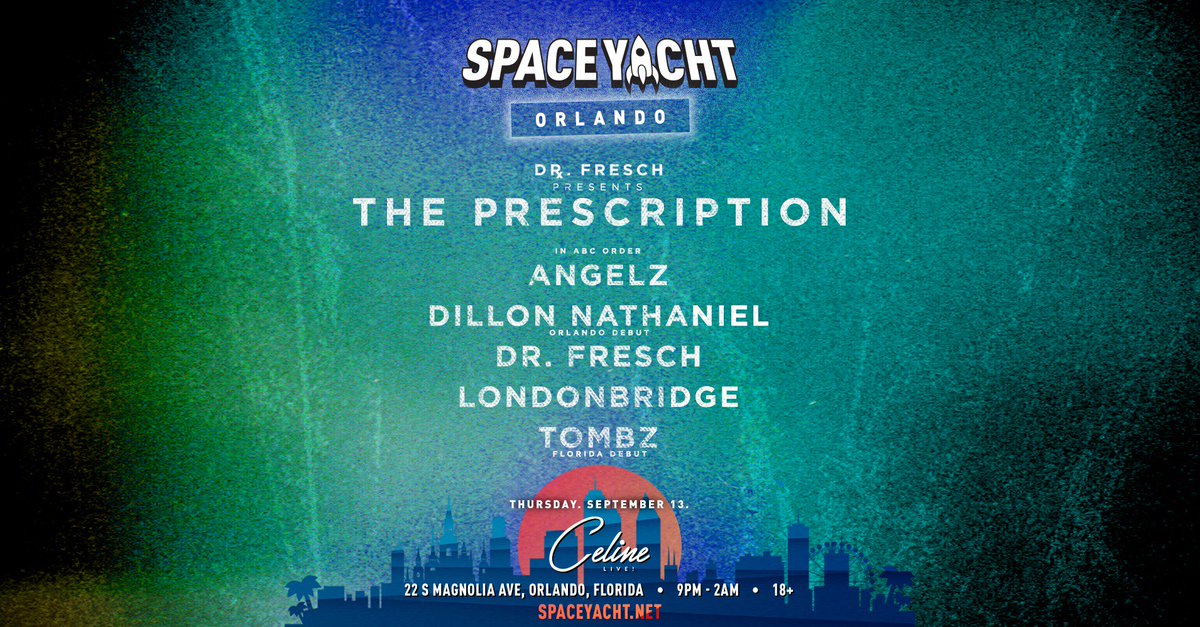 celine_orlando's tweet photo. Orlando! It's time for your official @spaceyacht lineup!! Give it up for @DrFresch, @DillonNathaniel, @ANGELZofficial, @LBHouseMusic, and @TOMBZZZ!
Tix - https://t.co/C5KlTRIGdb https://t.co/n2Q9EAq5kZ