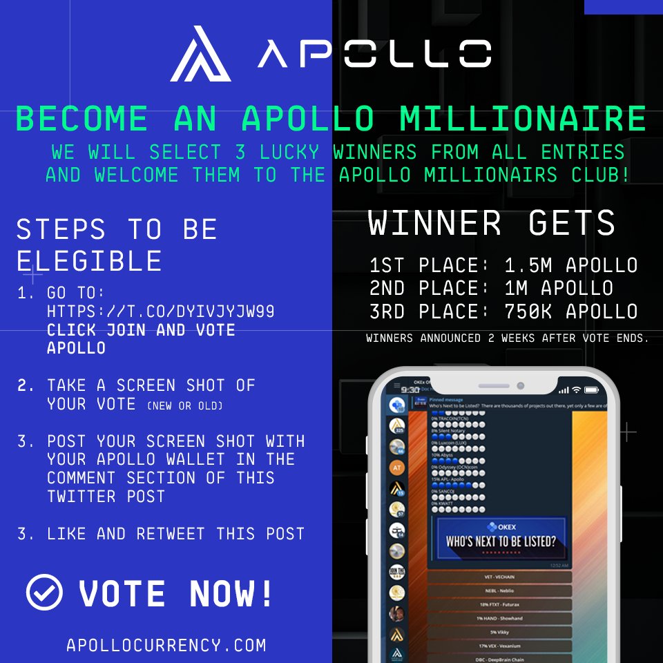 **Be Entered For Chance To Win 1 Million Apollo***

We need help your vote to get listed on OKEx!

Vote Here: t.me/okexofficial_e…

Leave your screen shots and APL wallet in the comments of this Tweet to be entered to win.

#apl #crypto #coin #currency #apollocurrency