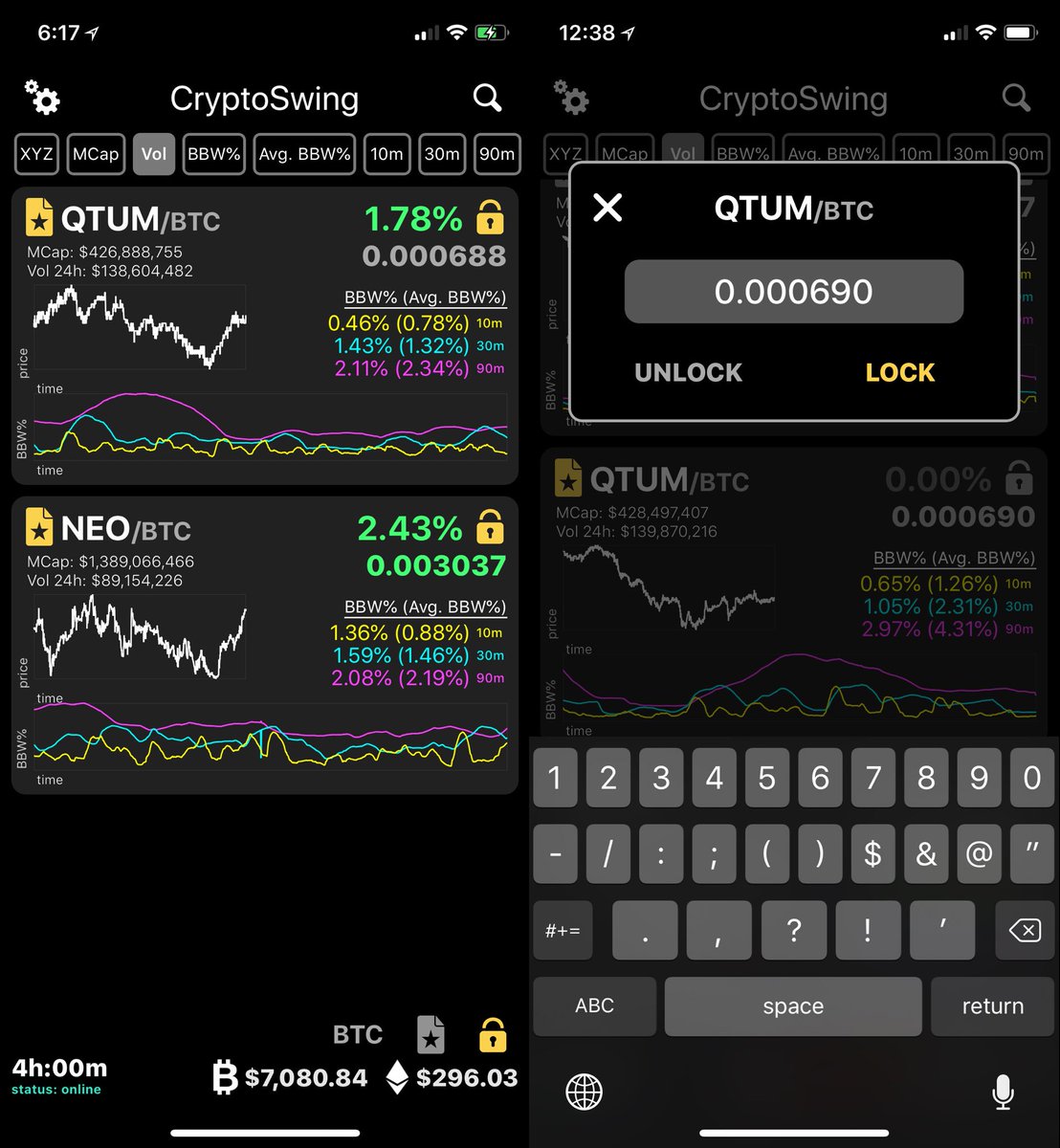 CryptoSwingApp's tweet image. NEW FEATURE: Lock-in buy prices to track gain/loss percentages, as prices update. Great way to test your trading too! Available now in the App Store. #cryptocurrency #btc #etc #bnb #binance #crypto #trading @binance