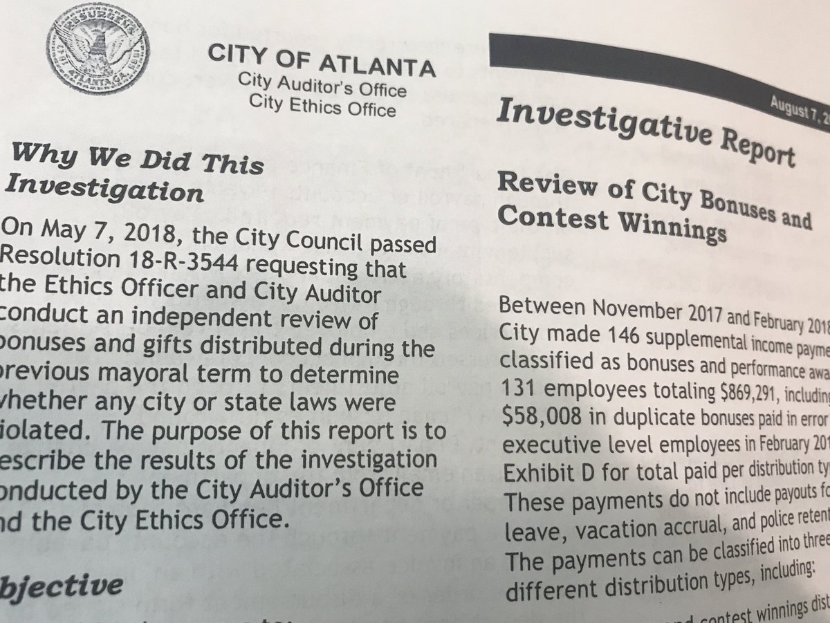 DiamantATL's tweet photo. BREAKING: Atlanta City Auditor’s and Ethics Offices finds nearly $900k in bonuses doled out by former Mayor Reed/HR Director/City Council last December broke city/state law. Also found former CFO Jim Beard “abused his position” to give himself a bonus. @wsbtv https://t.co/9FApf2r5ly