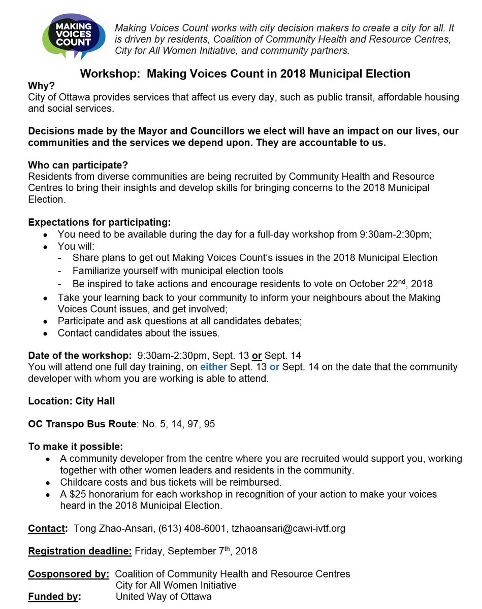 EORCOttawa's tweet image. Workshop: Making Voices Count in 2018 Municipal Election! Atelier : Faire compter les voix dans l’élection municipale 2018! Contact Michelle Lemieux at mlemieux@eorc-creo.ca or 613-741-6025 ext. 114 to register. #municipalelection #ottelection #MVC2018 #ottpoli