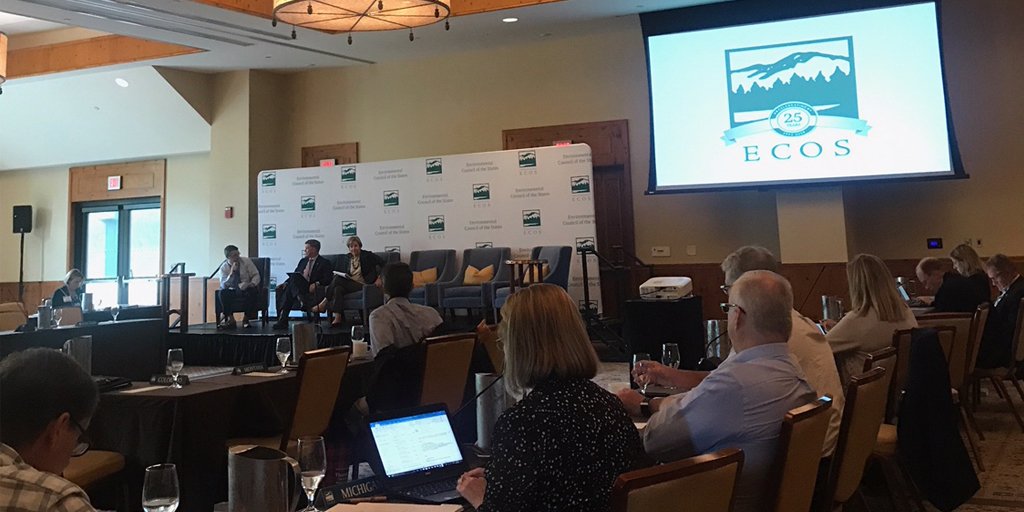 SmartCommentInc's tweet photo. Afternoon session at #ECOSFallMtg18 sees debate of proposed @EPA rule requiring #scientific study data to be made public. Features @SecMcDonnell of @ECOStates &amp; @PennsylvaniaDEP, @CDPHE Director Martha Rudolph, and Chairman Bryan Shaw of @TCEQ. https://t.co/Mt51L8mw4G