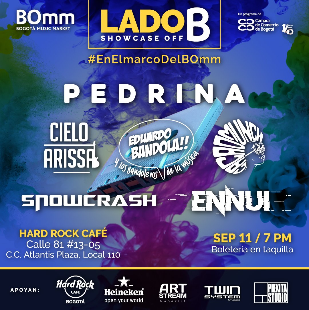 Eduardobandola's tweet photo. Somos el #LadoB de una historia y queremos mostrar la unión de colores en Bogotá en una sola noche #EnElMarcoDelBOmm. Los invitamos a acompañarnos este martes 11 de septiembre a las 7 p.m. en el @HardRock , para conocernos. @cieloarissa @EnnuiBogota @SnowCrashonline @CacaoMunch https://t.co/DgQWbwWR8n