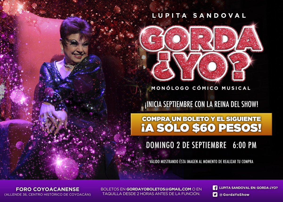 GordaYoShow's tweet photo. #MeDeberíanPremiarPor AMAR EL TEATRO. Por ello no se pueden perder a Lupita Sandoval en: Gorda ¿Yo? 

¡MÁS DE 2 AÑOS DE ÉXITO ININTERRUMPIDO! 

No dejen pasar esta SÚPER PROMOCIÓN 👇🏻 y viajen al país de amarte con la Reina del show #FelizMiércoles https://t.co/uq8zzGhoL2