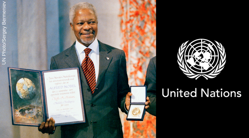UNLibrary's tweet photo. Did you know the Nobel Peace Prize 2001 was awarded jointly to the @UN &amp; #KofiAnnan? Check out our #AskDag FAQ to learn more: https://t.co/URSaKaYvEJ https://t.co/ubqXfk10Zh