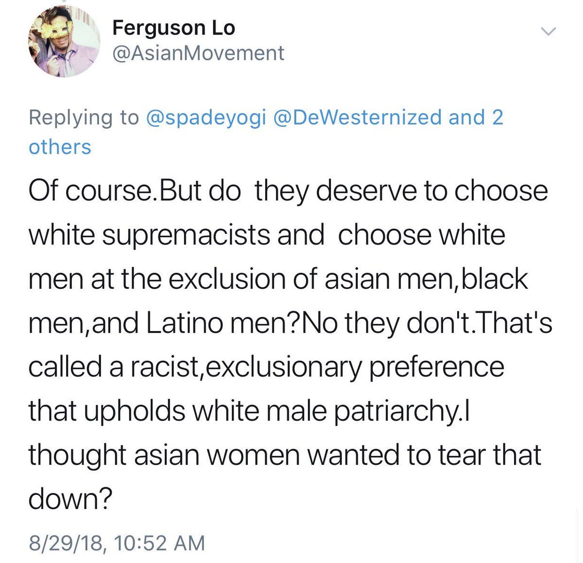DeWesternized's tweet photo. @spadeyogi @AsianMovement @thelizchoi @kulturewatchdog I only ask Asian women that date exclusively white men to date Asian, Black, and Latino men too. If they can’t love their white boys without disrespecting Asians, they should at least consider the effects of their anti-Asian lies ontheir Asian passing sons https://t.co/SELNp5zX2u https://t.co/O8Y3P3ZMq2