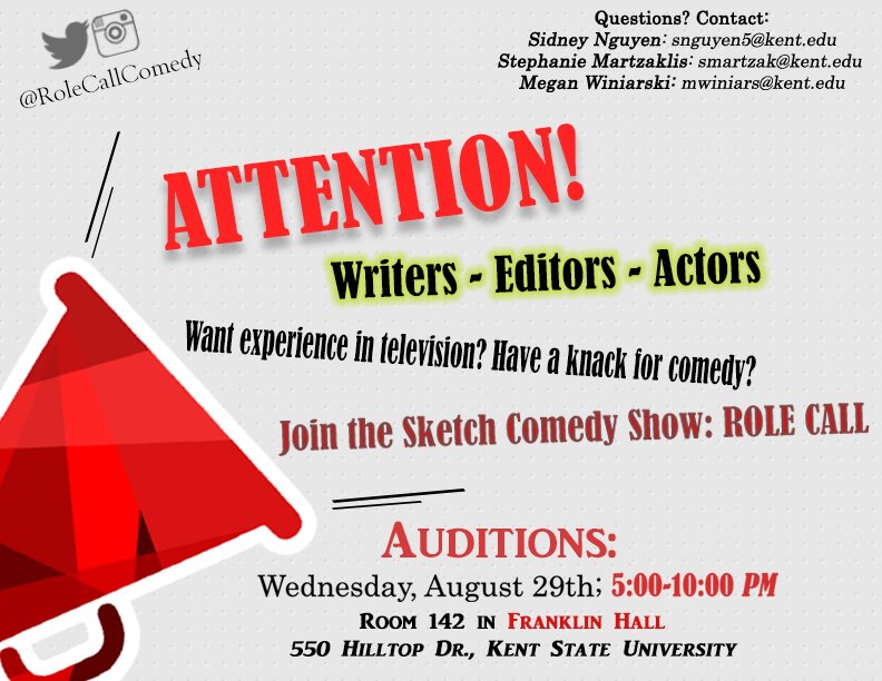 RoleCallComedy's tweet image. REMINDER: 
Auditions are TONIGHT AT 5PM at Franklin Hall! We're excited to meet the hopeful new cast of Role Call!