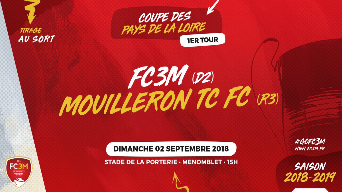 FC3M_football's tweet photo. 🏆 1er tour de la Coupe @LigueFootLFPL et réception de Mouilleron TC (R3) dimanche 2 septembre 2018 à 15h à Menomblet ! 

💪 #UnDerbyÀGagner
#⃣ #GoFC3M https://t.co/OKJFJnpvct