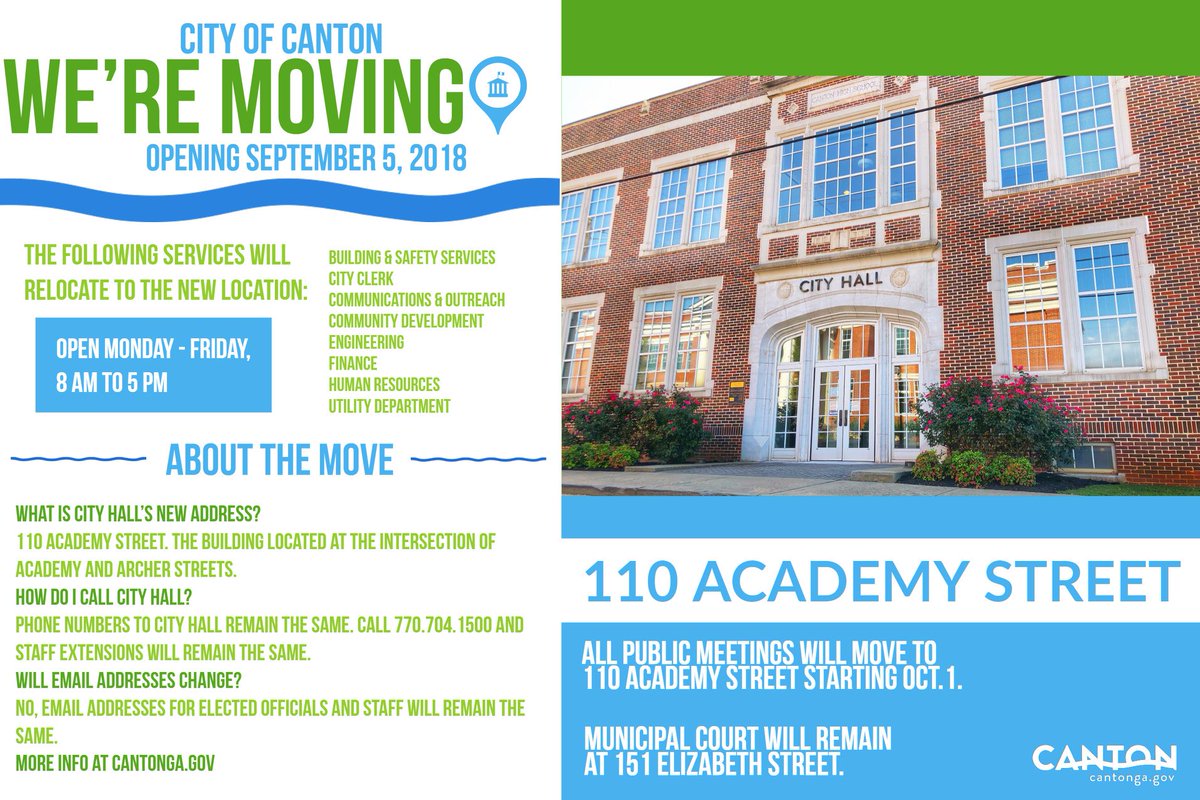 CityofCantonGA's tweet photo. Canton City Hall is moving to a new home at 110 Academy Street.
City Hall will be closed Monday, Sept. 3, in observance of Labor Day and Tuesday, Sept. 4 to relocate and open on Wednesday, Sept. 5, at 110 Academy Street. #CantonGA #CantonForward https://t.co/9Dqia5yPtT