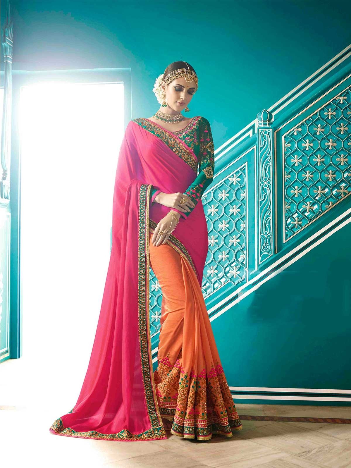 ZaraaFab on X Looking for Pink and Orange Satin Silk Designer Saree Shop latest collection of party wear sarees wedding sari casual saris in various colours designs from ZaraaFab. https t omFRO4T5z...