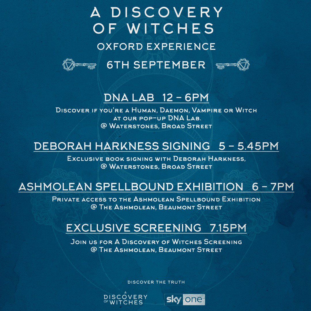 From an exclusive book signing with <a href="/DebHarkness/">Dr Deborah Harkness (PhD, LHD)</a> at <a href="/WaterstonesOxf/">Waterstones Oxford</a> to a preview screening of #ADiscoveryOfWitches at the <a href="/AshmoleanMuseum/">Ashmolean Museum</a>, Oxford is THE place to be next Thursday 6 September. 🙌

Apply for free tickets to the screening → eventbrite.co.uk/e/a-discovery-…
