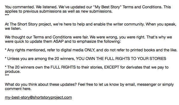 ShoStoryProject's tweet photo. @mattsylvester @susanh1953 You commented. We listened. We've updated our "My Best Story" Terms and Conditions. This applies to previous submissions as well as new submissions. https://t.co/suCAHPcKxq