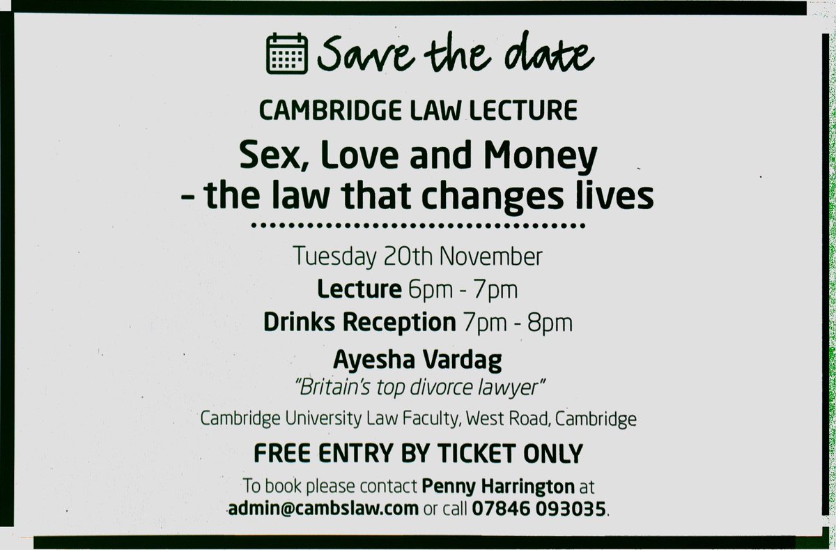 Cambridge's own Diva of Divorce for the world's super rich will deliver our annual @cambslaw Law lecture - save the date! @PboroLawSoc @SNELS_UK @HertsLawSoc @camlawsoc @AngliaLawSoc